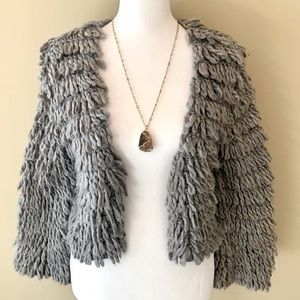 INC FUNKY vintage grey purple knit loop shaggy cropped sweater coat M